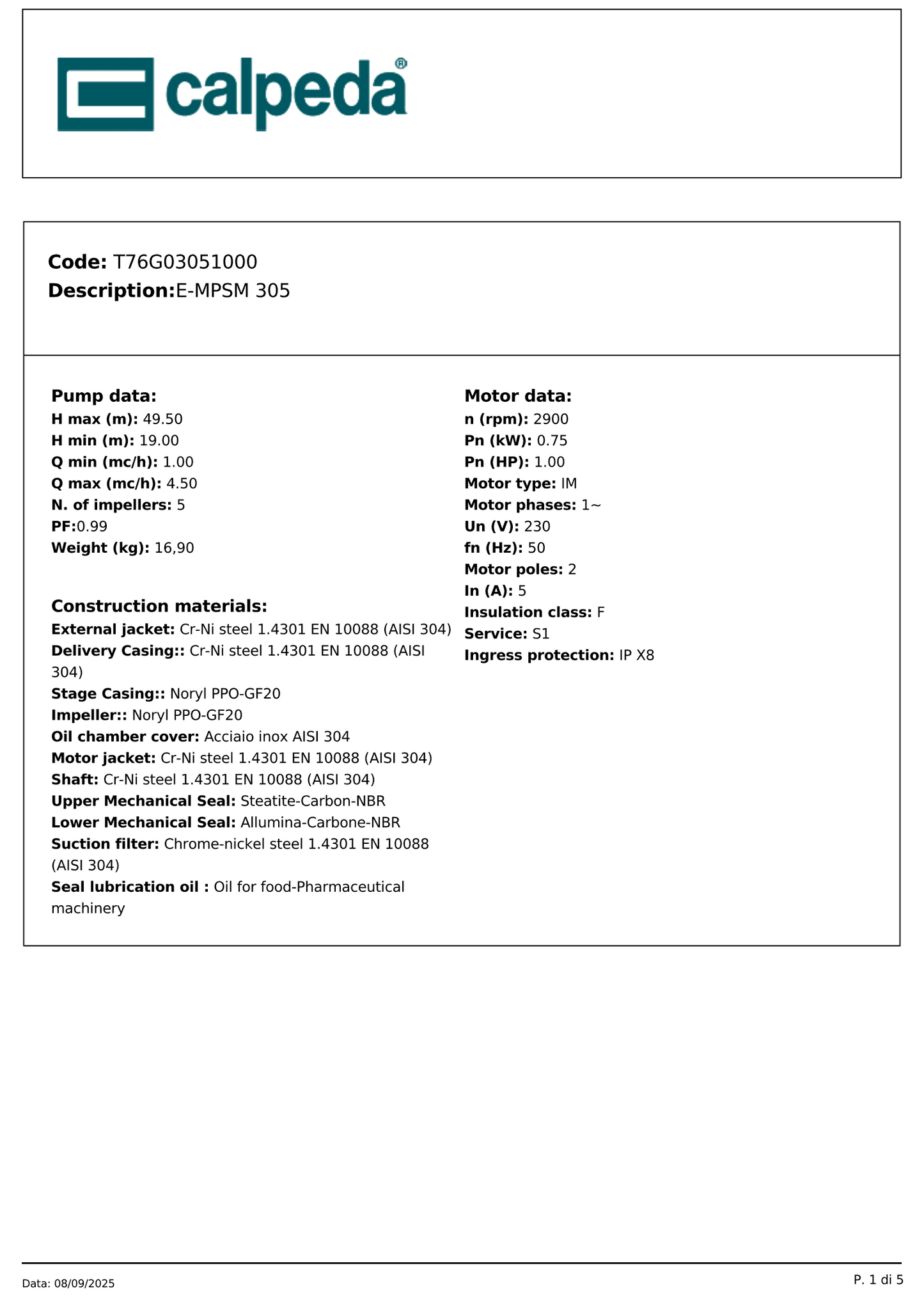 Pompa submersibila Calpeda E-MPSM 305